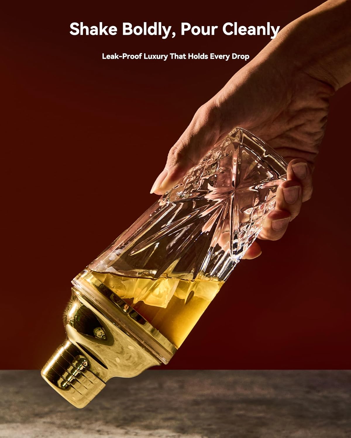 15oz Gold Lid Crystal Cocktail Shaker, Lead-Free Glass with #304 Steel Strainer, Leak-Proof Barware for Home Bartenders