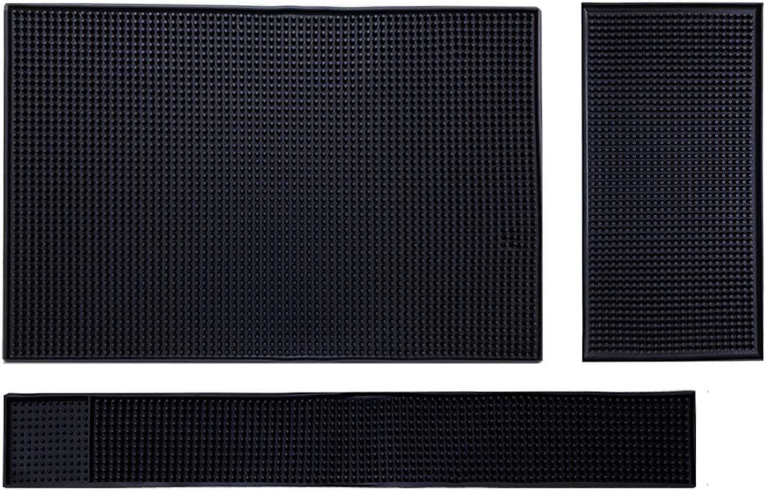 Bar Mat Set of 3 Rubber Bar Service Spill Mat for Cocktail Bartender Coffee Bar or Countertop Mats Glass Drying Mat (Black, 18" x 12"+23" x 3"+12" x 6")