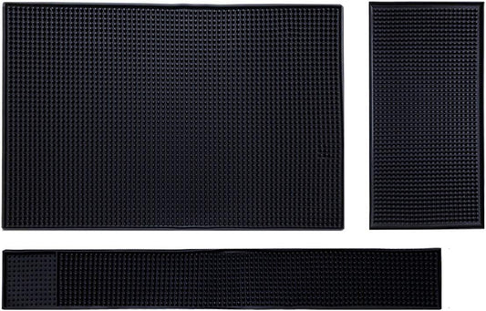 Bar Mat Set of 3 Rubber Bar Service Spill Mat for Cocktail Bartender Coffee Bar or Countertop Mats Glass Drying Mat (Black, 18" x 12"+23" x 3"+12" x 6")