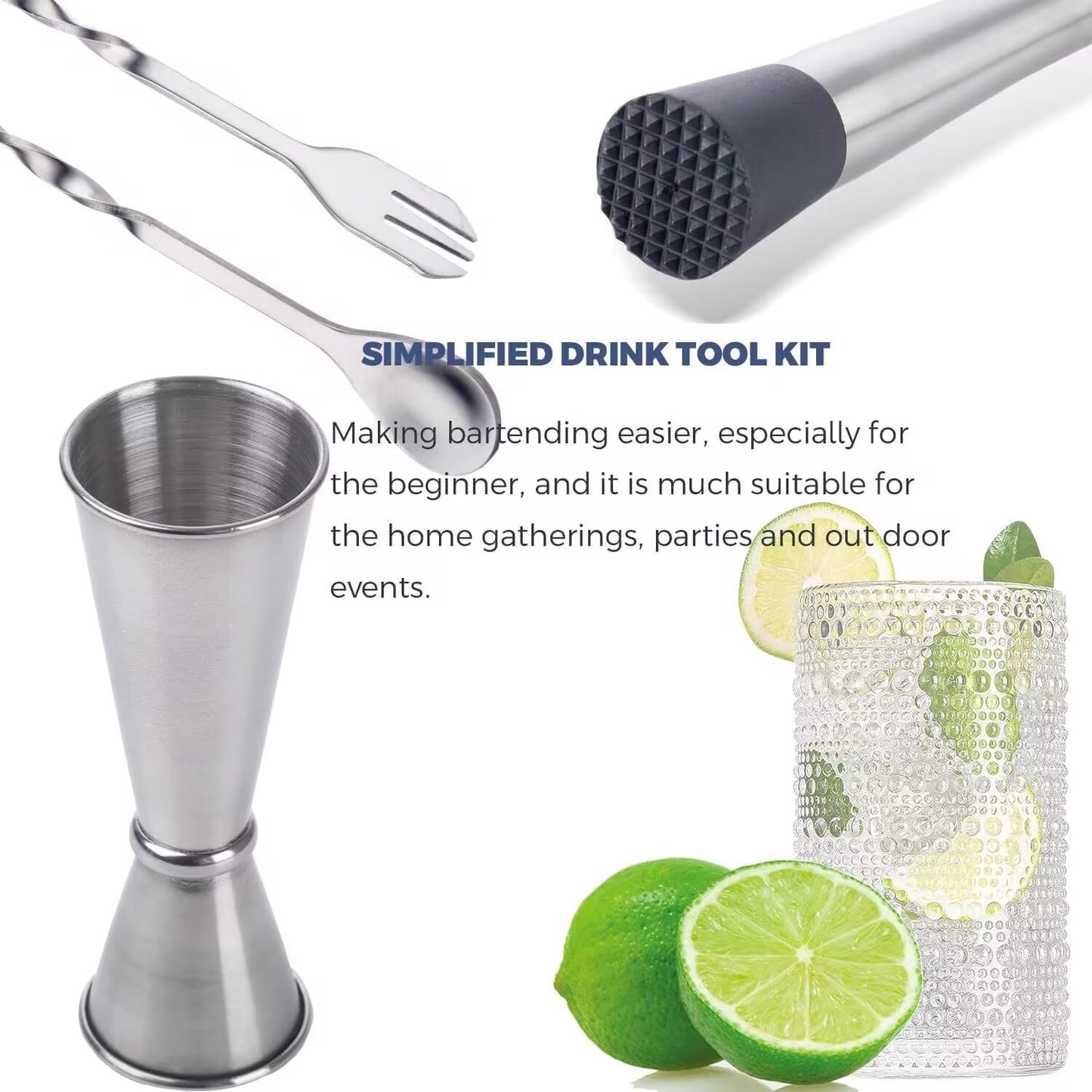 Homestia 3Pcs Black Muddler & Mixing Tools Set, 10'' Muddler, 12'' Cocktail Spoon and Double Jigger, Bar Tool Set for Beverages, Bar Accessories Tools for Mojitos Fruit Drinks (Black)