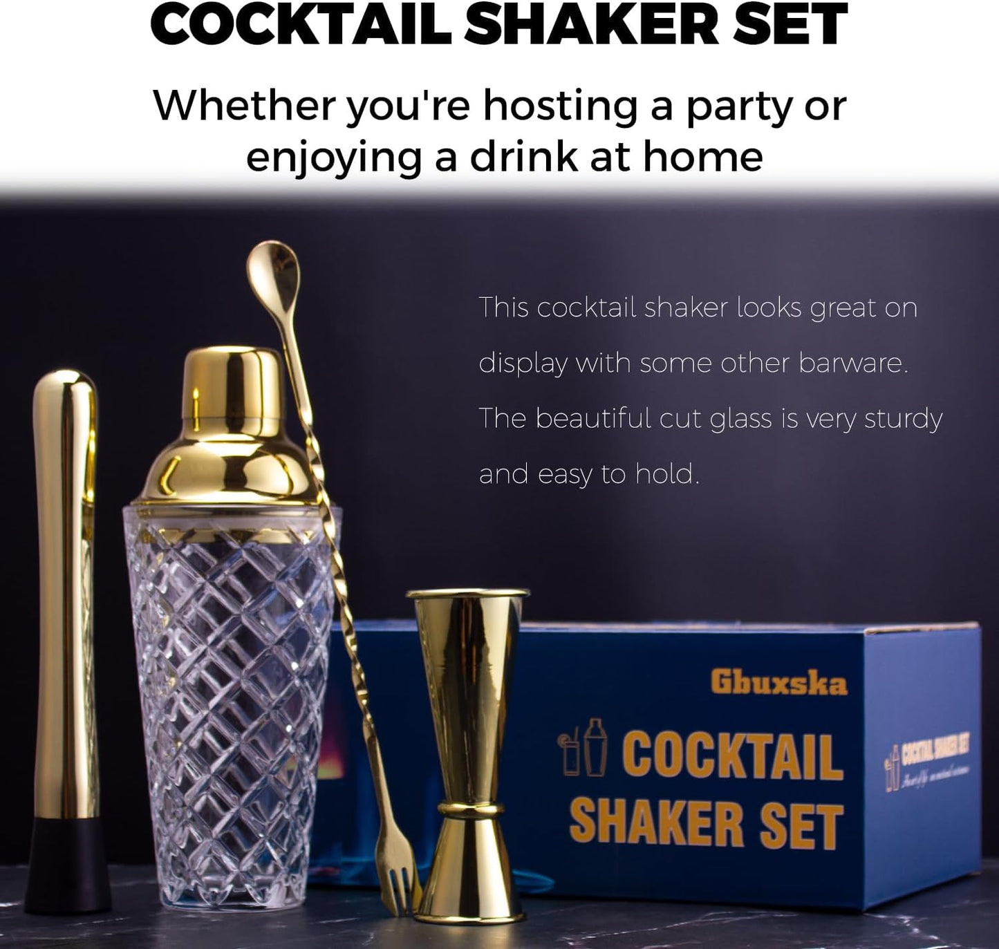 Gold Cocktail Shaker Set - Premium Glass Bartender Kit with Measuring Jigger, Mixing Spoon, and Muddler