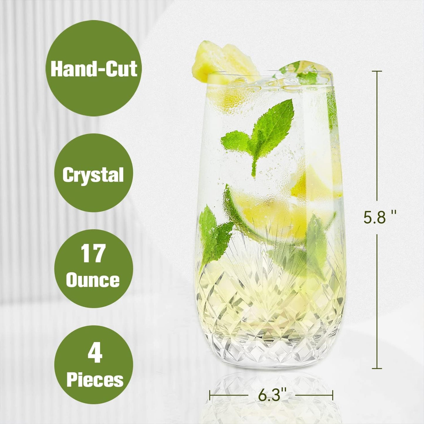 SHOSHIN Hand Cut Highball Glasses Crystal (Set of 4, 17Oz) - Elegant Water Juice Drinking Glasses, Everyday Beverage Glasses, Large Collins Glasses Perfect for Restaurant, Kitchen, Bar