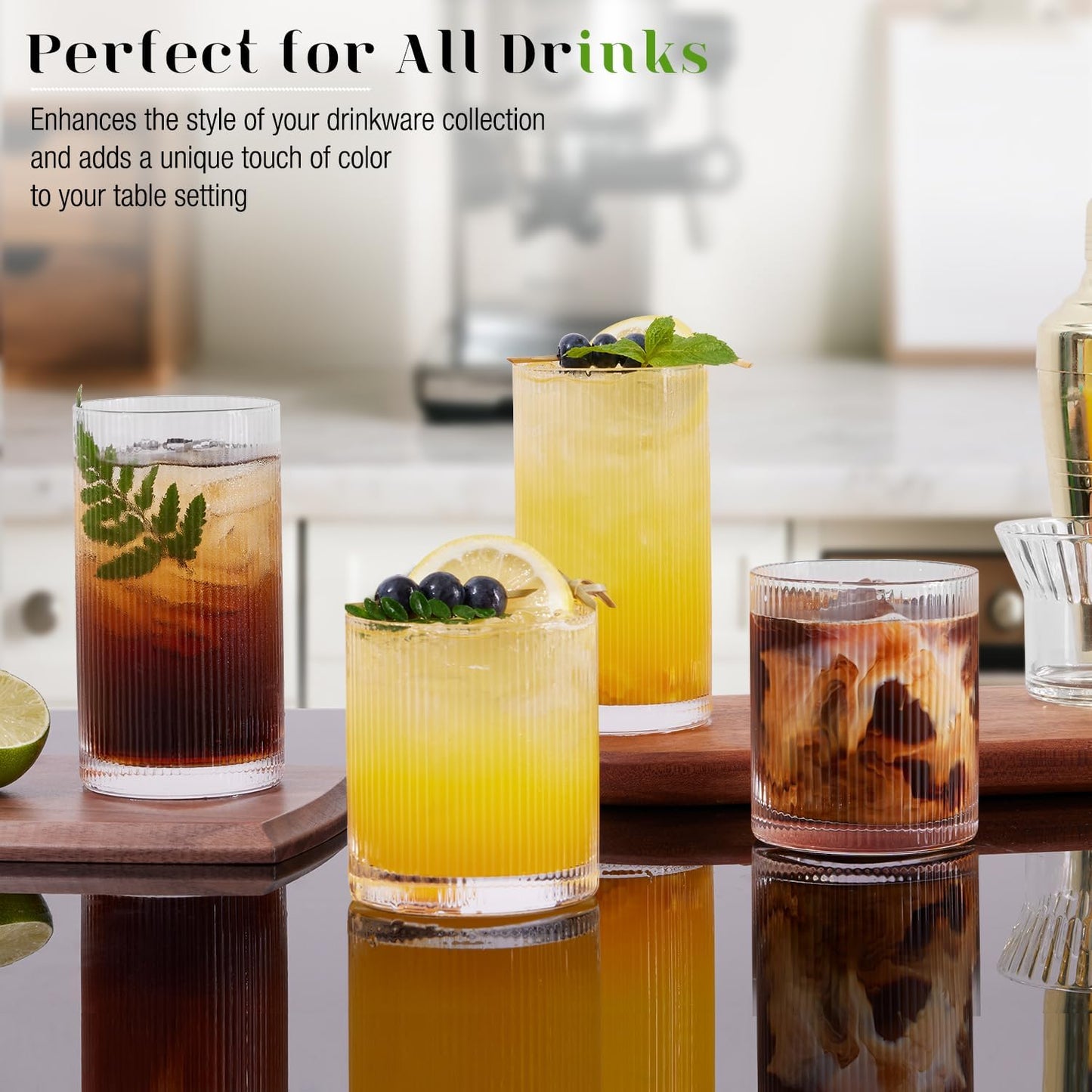 Ribbed Glass Cups Set of 8 - 4 Large Capacity Highball Glasses 17oz, 4 Rocks Glass Cups 12oz, Cocktail Glasses, Drinking Glasses Ideal for Beer, Juice, Water, Ice Coffee Cup, Whiskey, Mixed Drinkware