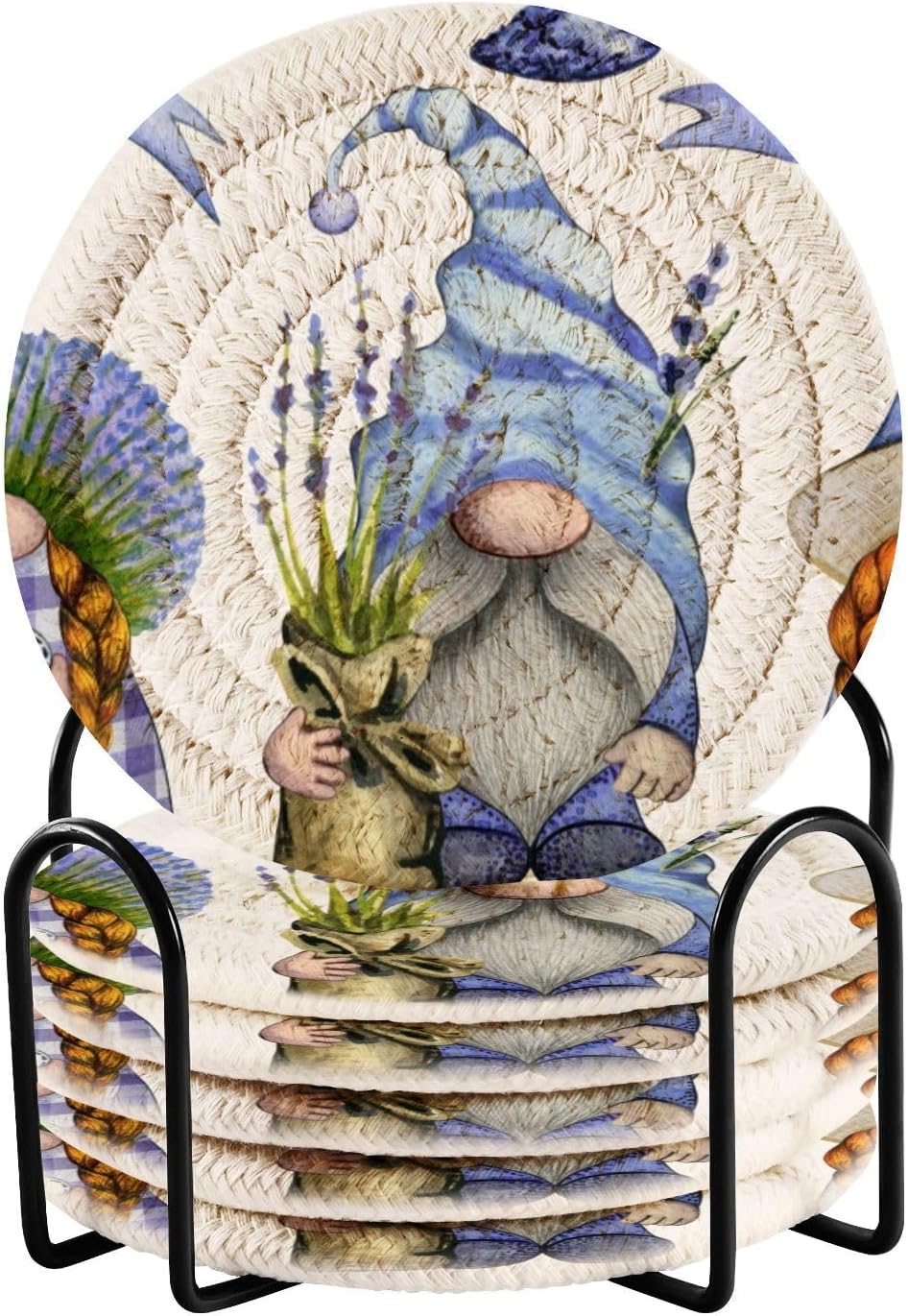 Lavender Gnome Drink Coasters With Holder - Set of 6 Absorbent Decorative Bar Coasters - Cotton Woven for Coffee Table Protection