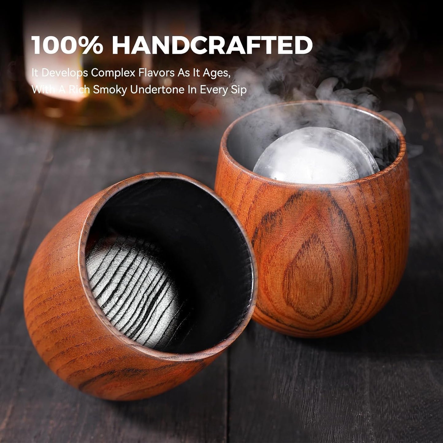 Charred Wooden Whiskey Glasses Set - 2 Pack with Ice Ball Molds - Premium Bourbon Gifts for Men Dad Brother - Old Fashioned Glasses