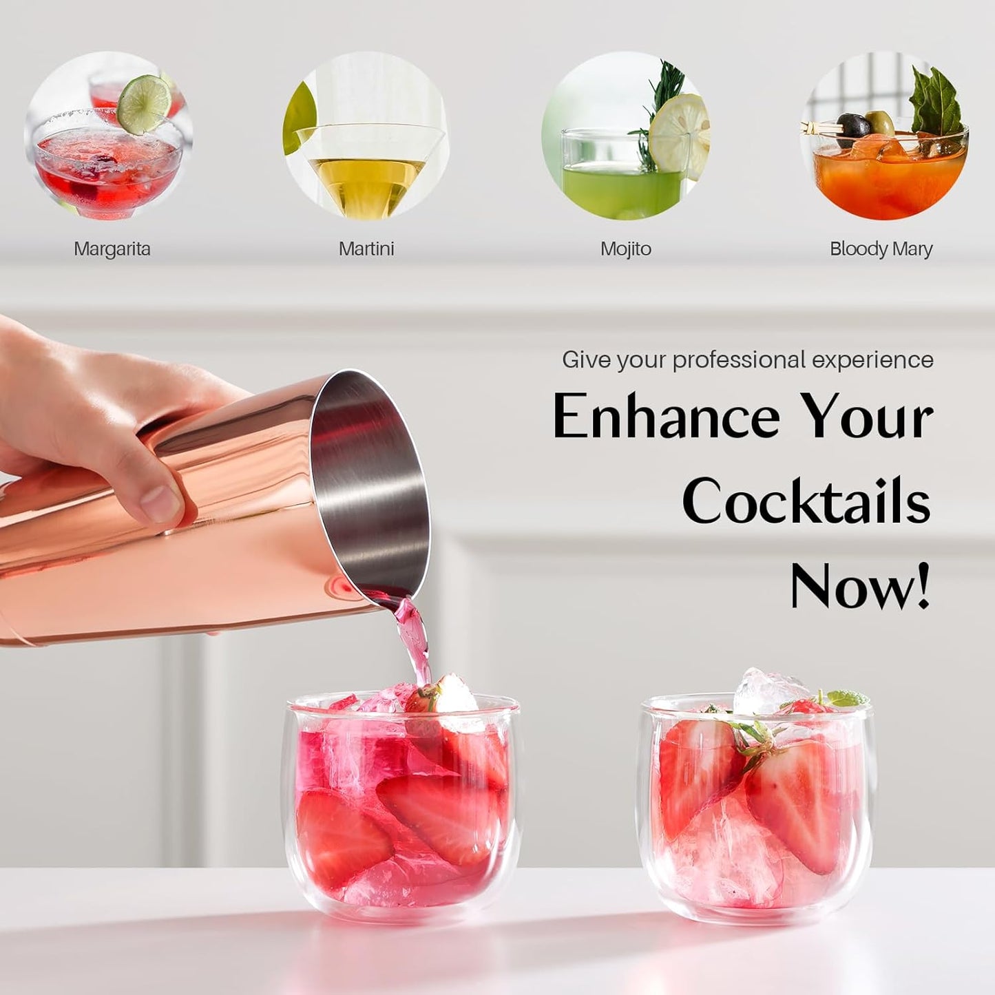 WOTOR Boston Cocktail Shaker Set, 18 oz & 28 oz Stainless Steel Weighted Shaker Tins, Professional Bar Tools for Bartender, Metal Mixer for Martini & Cocktails (Rosegold)