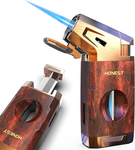 Butane Torch Lighter with V Cutter, Windproof Jet Flame Lighter Torch Refill, Adjustable Refillable Butane Lighter Gifts for Men, with Fuel Window, Fuel not Include