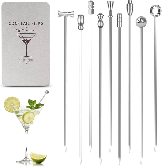 Metal Martini Cocktail Picks, Olive Skewers 4.2 inch, Stainless Steel Drinks Garnish Sticks, Reusable Toothpicks for Appetizers, Gift for Mother, Home Bar Accessories for Bartender - 9 Pcs