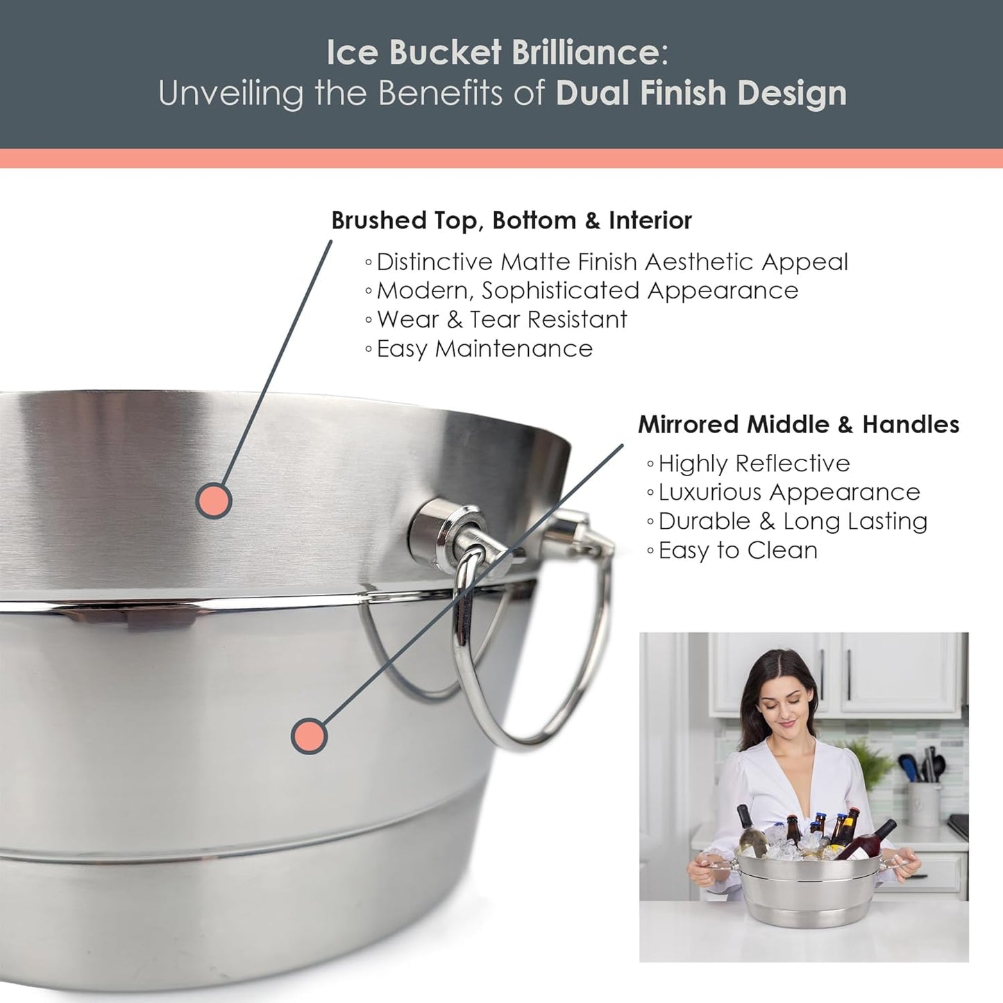 BREKX Insulated Stainless Steel Ice Bucket with Lid for Parties - Anchored Double-Walled Large Ice Bucket for Extended Chill - Champagne Bucket for Mimosa Bar Supplies