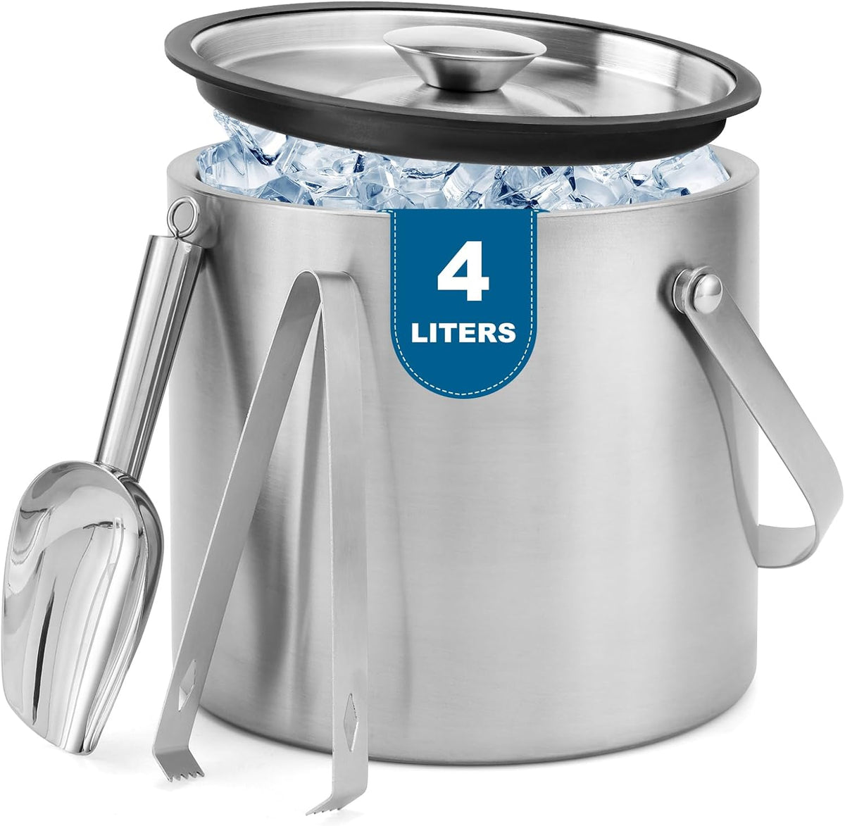3L Double-Wall Stainless Steel Ice Bucket with Lid,Scoop,Tongs,Handle - 4L