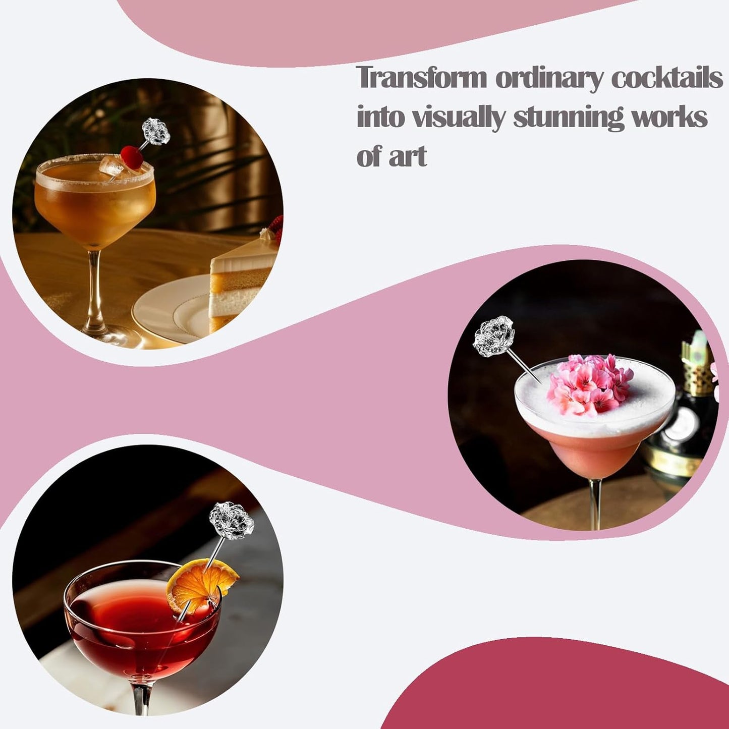 Rose Cocktail Picks for Drinks 4 Inch Stainless Steel Reusable Martini Picks Cocktail Garnish Skewers for Olive, Twist, Berry, Beach Style Decor 6-Piece