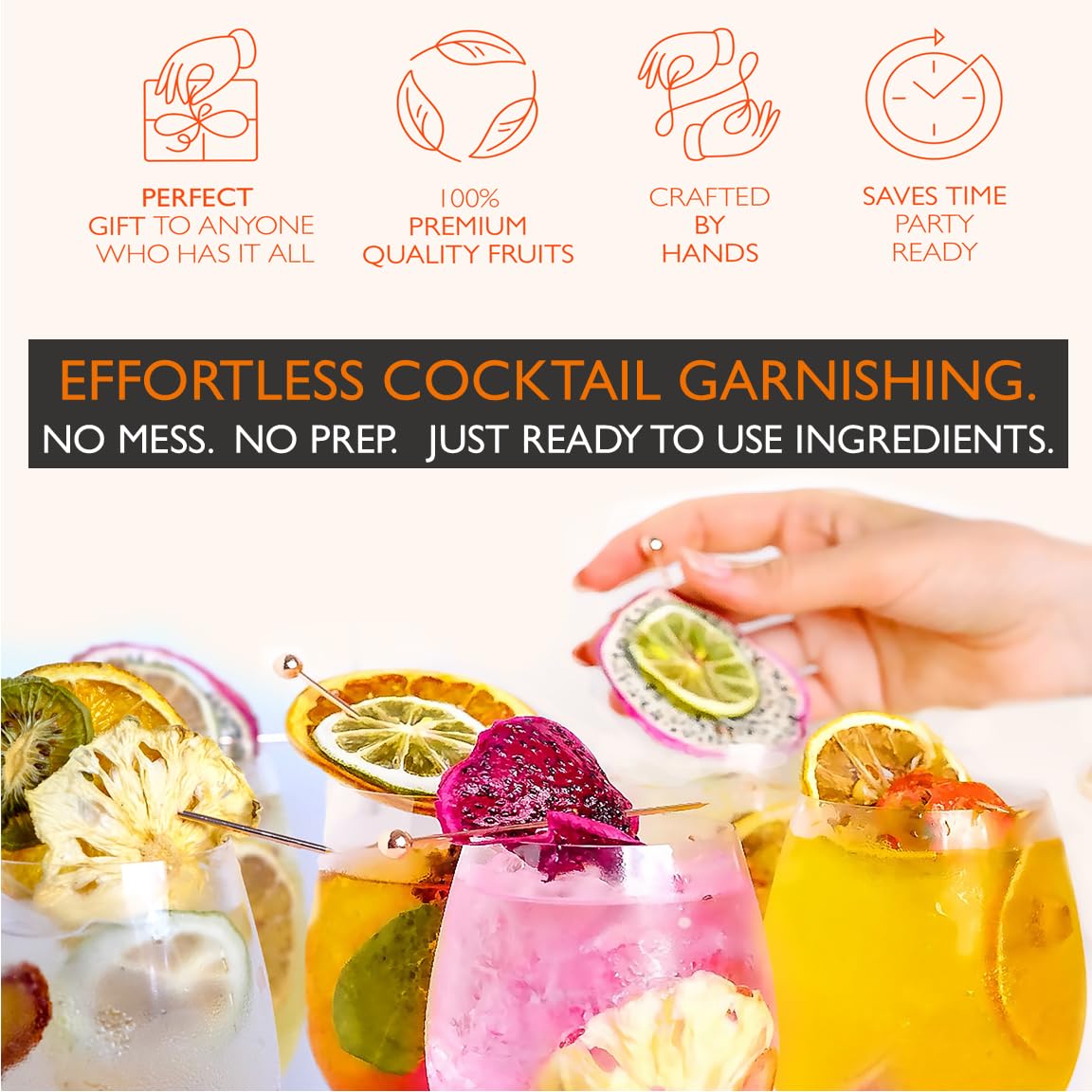 MILLIN GOURMET GARNISH GIFT SET with COCKTAIL PICKS I 100% Natural Dehydrated fruits I Professional Bartenders Men Women Corporate Liquor Holiday Unique Gift -Medium (35 slices + 8 picks)