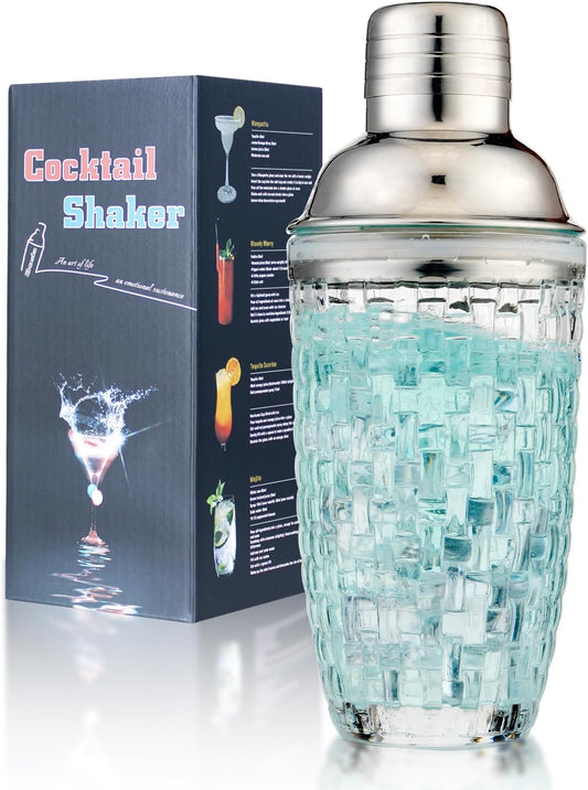 Glass Martini Shaker with Built-in Strainer, 13oz - Silver
