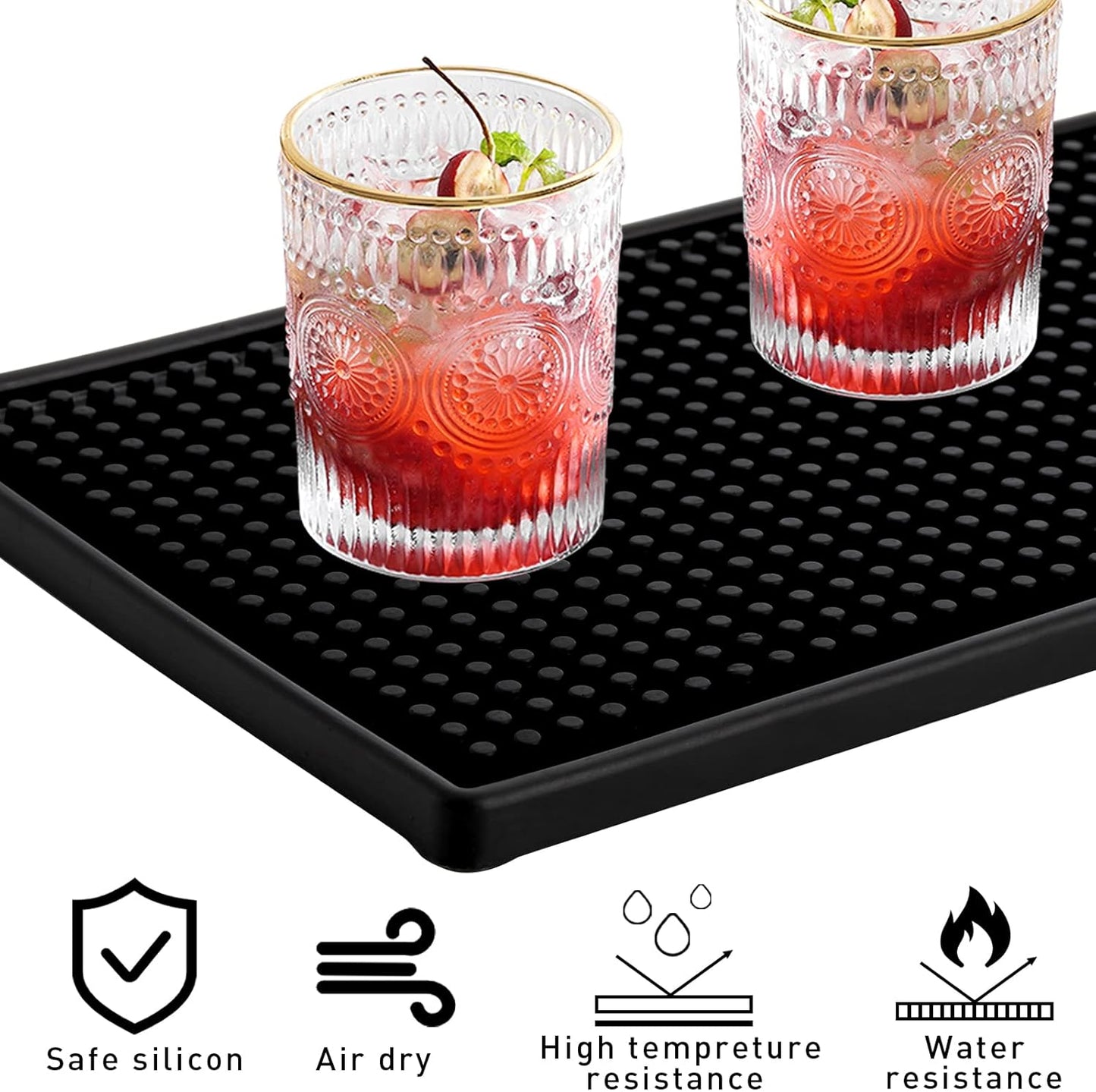 Tebery 2 Pack Rubber Bar Mats, Non-Slip 12 x 6 Inch Black Bar Service Spill Mat for Glassware, Dish Cocktail Drying Mat for Countertop, Bar, Restaurant, Kitchen, Coffee Shop