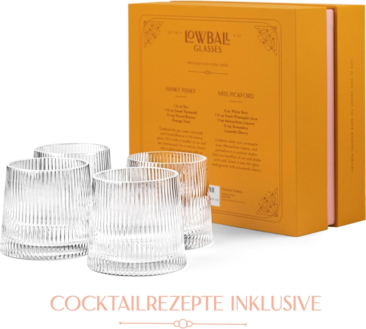 GLASSIQUE CADEAU Vintage Art Deco Speakeasy Lowball Glasses | Set of 4 | 9 oz Crystal Tumblers for Drinking Classic Gin, Rum, Vodka Bar Drinks | Round Short Rocks Glassware