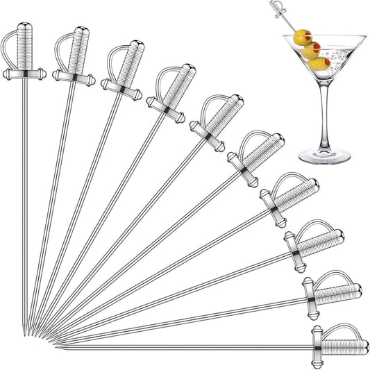 10 Pieces Stainless Steel Cocktail Picks Toothpicks 4.3 Inch Sword Metal Martini Drink Pick Sticks Appetizer Resuable Skewers Food Fruit Cocktail Toothpicks for Birthday Wedding Beach (Silver)