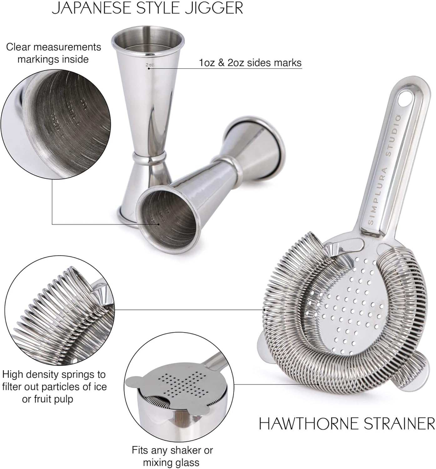 Premium 4-Piece Boston Cocktail Shaker Set w/Hawthorne Strainer & Japanese Jigger, Stainless Steel 304- Weighted Cocktail Set - Boston Shaker Set - Bartender Shaker - Shaker for Cocktails
