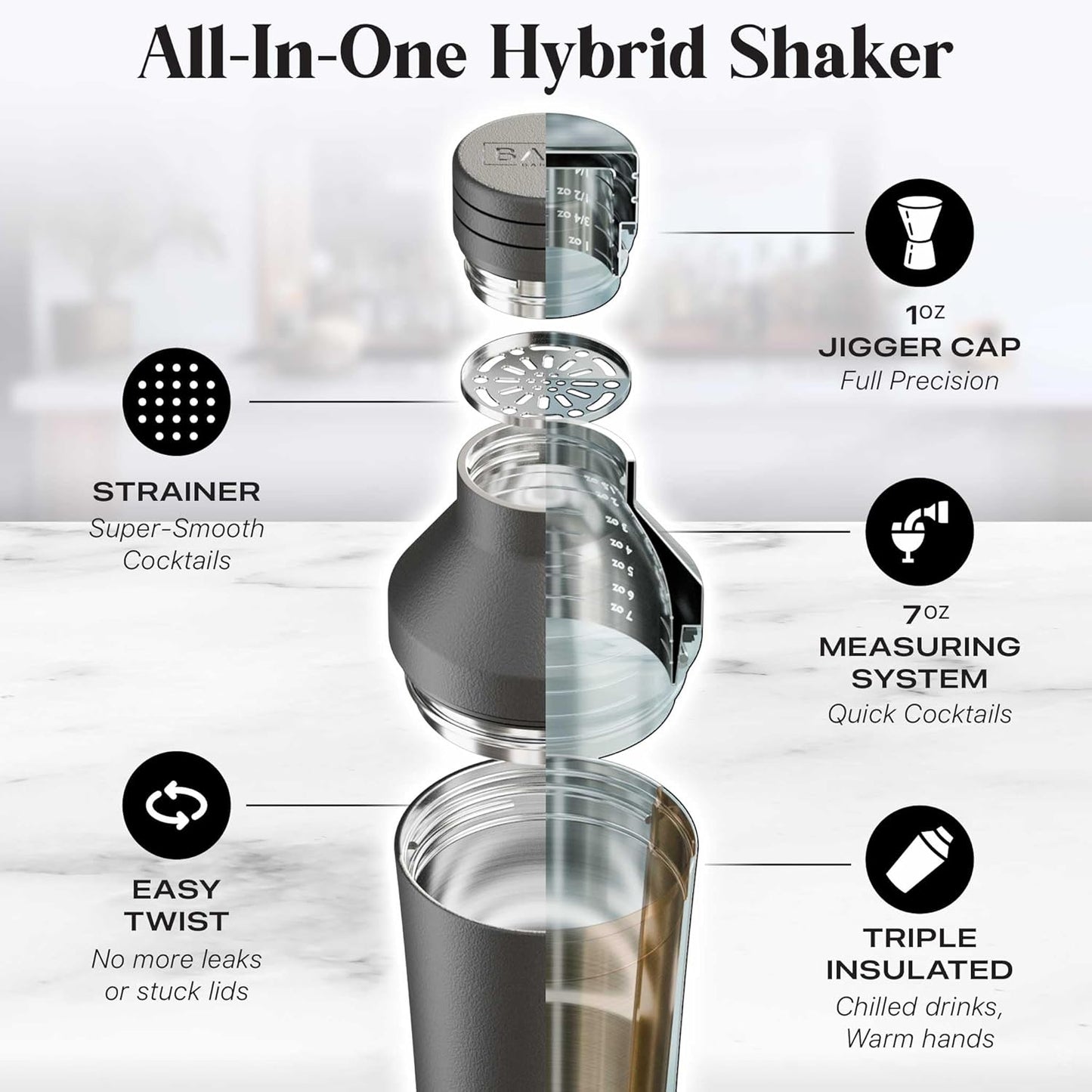 BARE BARREL Insulated Cocktail Shaker Set | Double Wall Stainless Steel | Martini Shaker for Home Bar Bartending | Built-in Drink Measure System & Strainer, Travel Bag, Recipes | Gift Set (Matt Black)