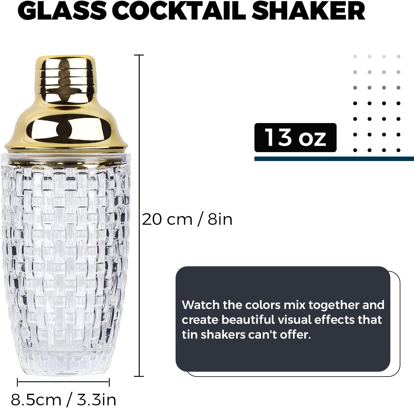 Glass Cocktail Shaker Set - Glass Shaker for Drinks, Shaker Set for Bars, Whiskey, Cocktails (Gold, 13 oz)