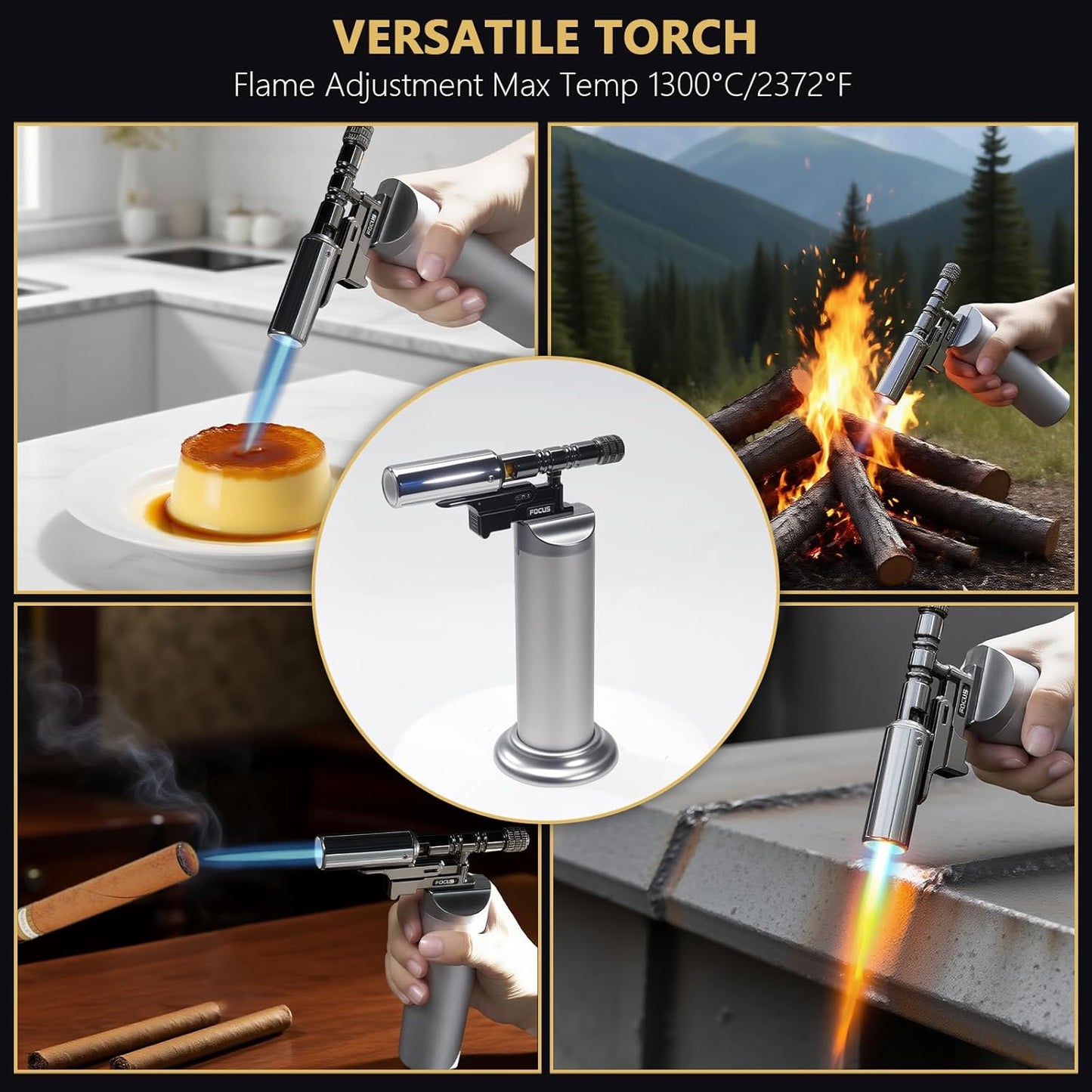 Butane Torch Lighter,Kitchen Torches For Cooking,Mini Adjustable Flame Blow Torch,Cooking Creme Brulee Torch,Gift for family(Butane Not Included) (SILVER)