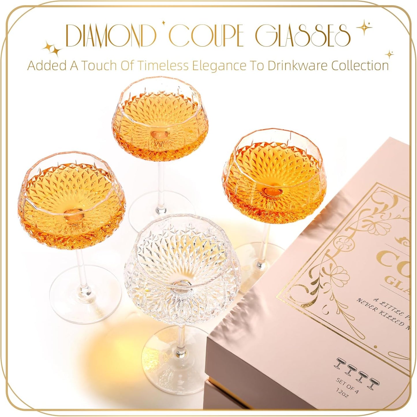 VIMERPA Coupe Glasses, Martini Glasses Set of 4, Vintage Champagne Coupe Glasses, 8oz Large Martini Glass, Crystal Retro Style Cocktail Glass for Elegant Bar Drinks, Vintage Art Deco Glassware
