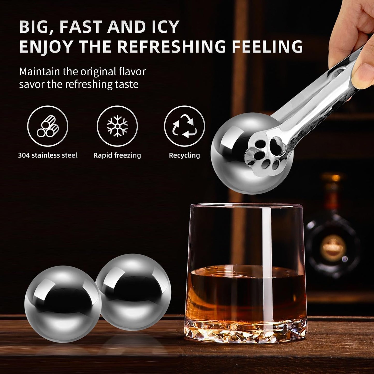 Whiskey Balls Set of 4 Reusable Stainless Steel Metal Ice Sphere Cubes Beverage Chilling Rocks Whiskey Stones Gifts for Men Him Husband from Wife