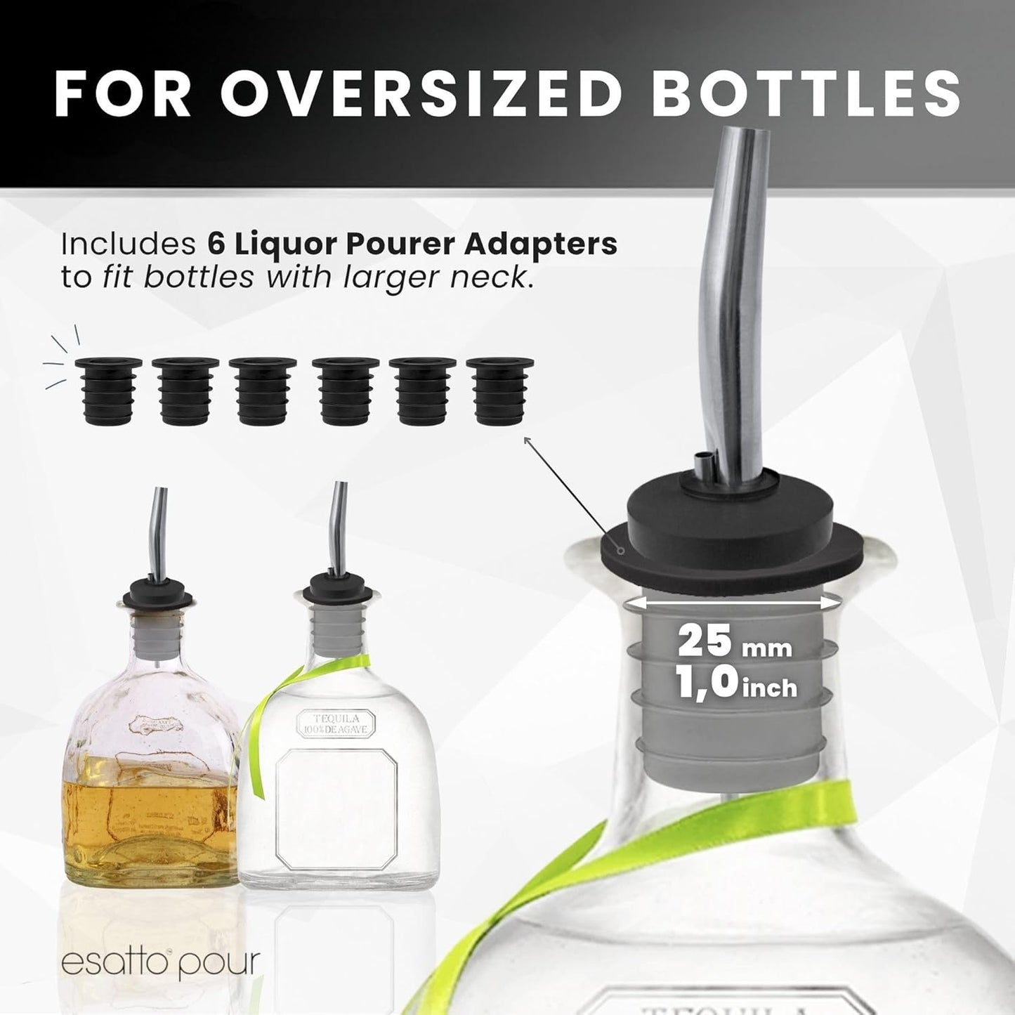 Stainless Steel Liquor Bar Bottle Pourers - Drip-Free Nozzle - Pour Spouts for Alcohol & Bartending - Universal Fit Speed Spout - Rust-Free & Easy Clean - Chrome (24 Pack)
