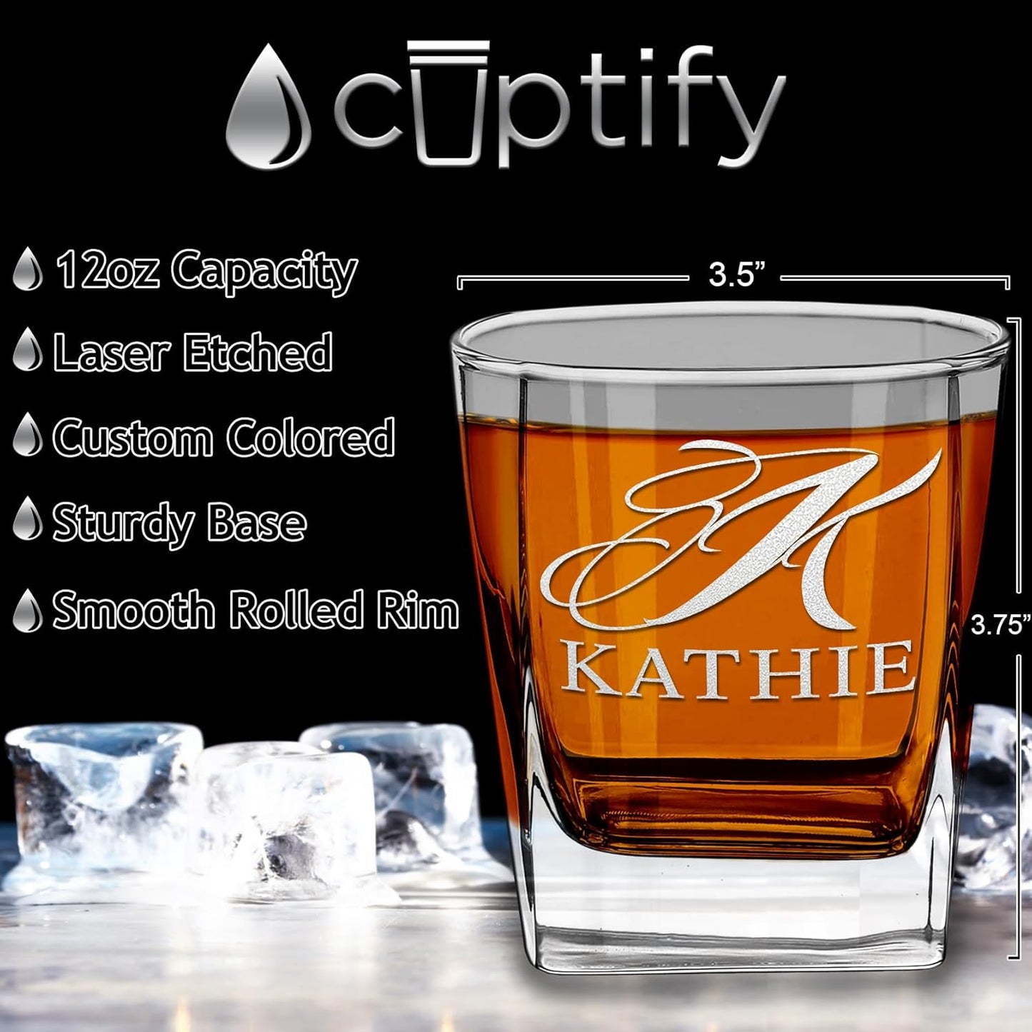 Cuptify Personalized Whiskey Glass for Men Set of 2 Etched Split Letter Name 12 oz Double Old Fashioned Rocks Cocktail Bourbon Glass Customizable Designs Gift
