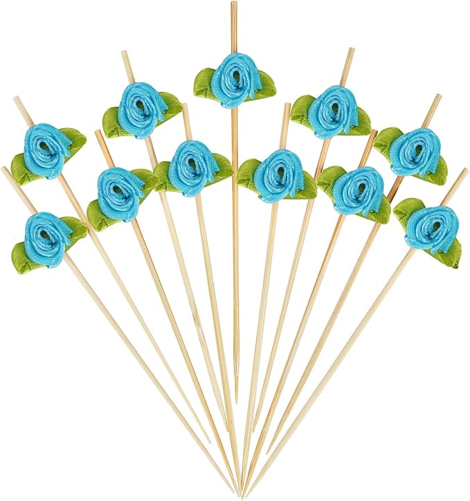 Minisland Multicolor Rose Flower Bamboo Cocktail Picks, Fancy Toothpicks - MSL223-Blue Rose Toothpicks