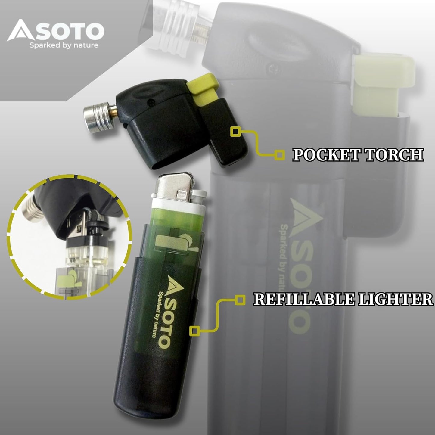 SOTO Butane Torch Lighter, Compact Windproof Pocket Lighter, Refillable, Adjustable Flame, Durable and Portable for Camping, Hiking, BBQs, and DIY Projects. Shipped Empty.