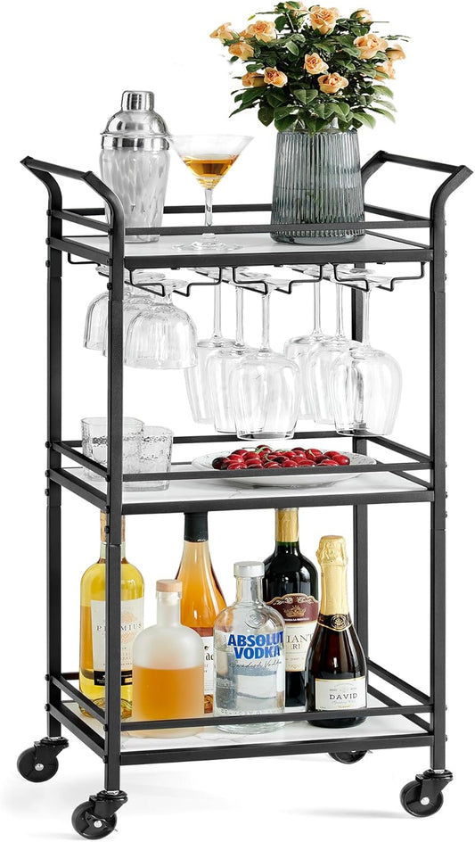 VASAGLE Bar Cart, Home Bar Serving Cart, Small Bar Cart With 3-Tier Shelf, Wine Holders, Glass Holders, Mini Bar Cart for Small Spaces, Kitchen, Dining room, Living Room, Ink Black