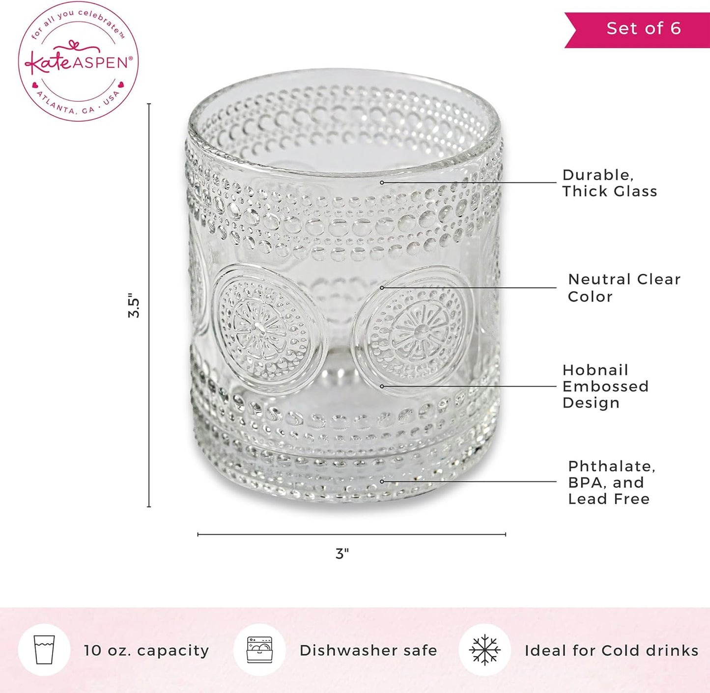 Hobnail Beaded Floral Clear Drinking Glasses Set of 6, (10 oz) Vintage Glassware Set by Kate Aspen| Cocktail Glass Set, Juice Glass, Water Cups | Great Hostess Gift & Gift for New Home Owners