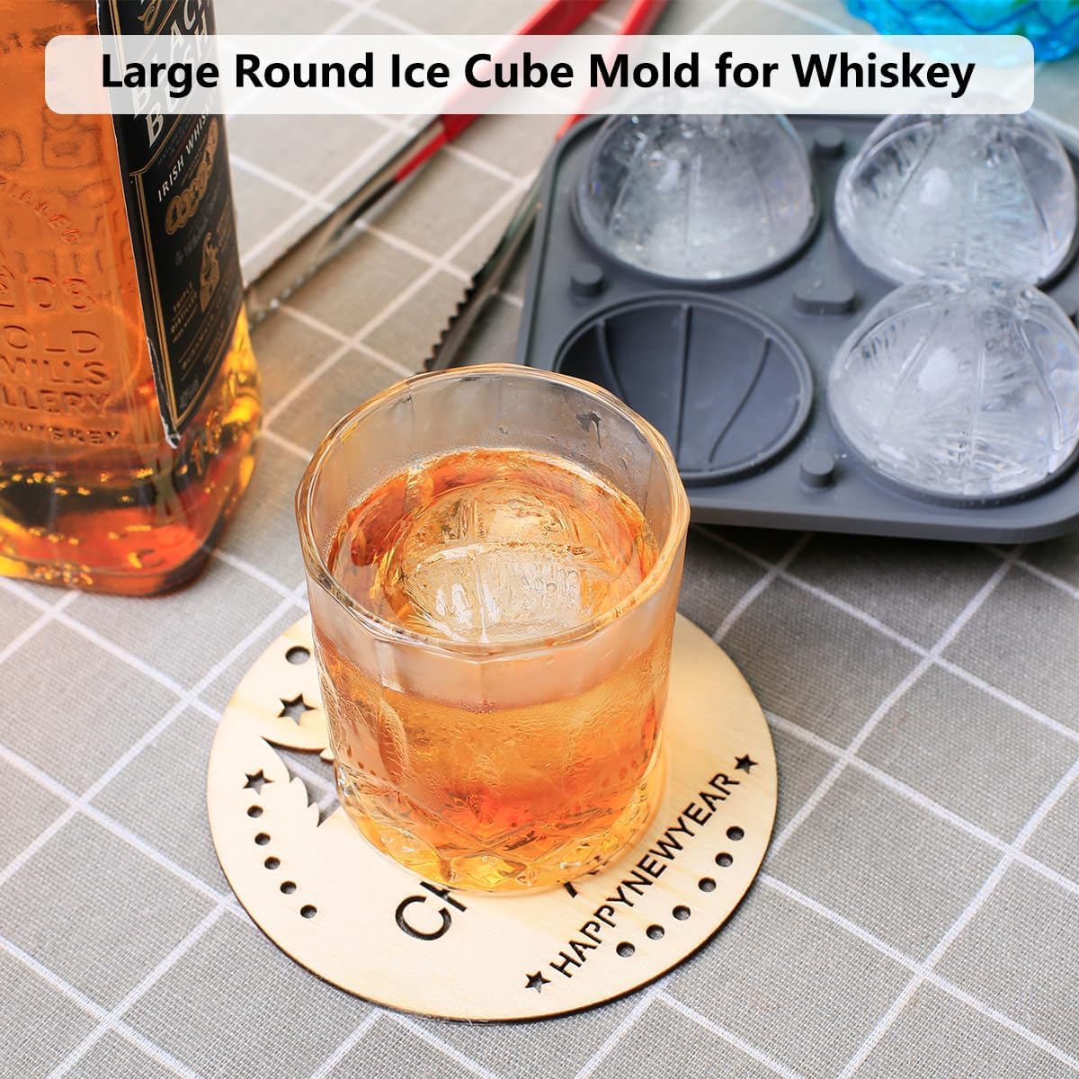 Ice Ball Mold, Large Basketball Shaped Silicone Round Ice Cube Tray with Funnel Lid for Freezer, 4 Cavities Big Sphere Ice Molds for Whiskey/Cocktail/Fruit Drinks/Ice Cream/Wax Melt/Candle