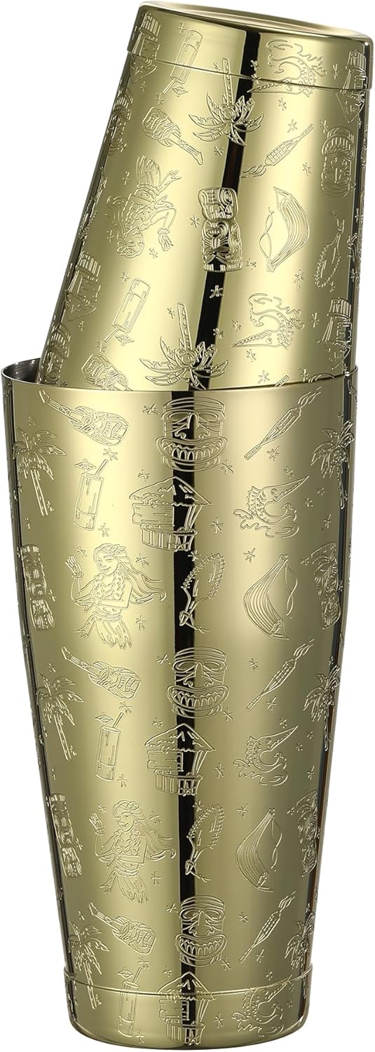 Weighted Boston Shaker Cocktail Shaker Etched with Tiki Imagery (Gold Tiki Graphic)