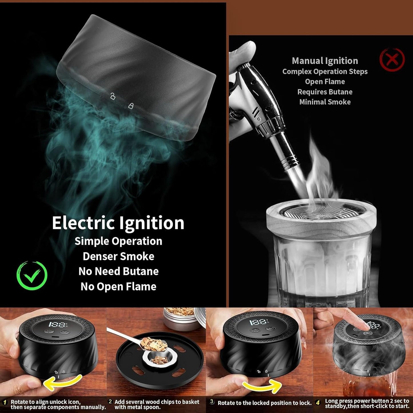 Electric Whiskey Smoker Kit with 6 Wood Chips, Rechargeable Cocktail Smoker Built-in Lighter, Old Fashioned Bourbon Drink Smoker Kit, Fathers Day Birthday Gifts for Men Dad Husband, No Butane Needed