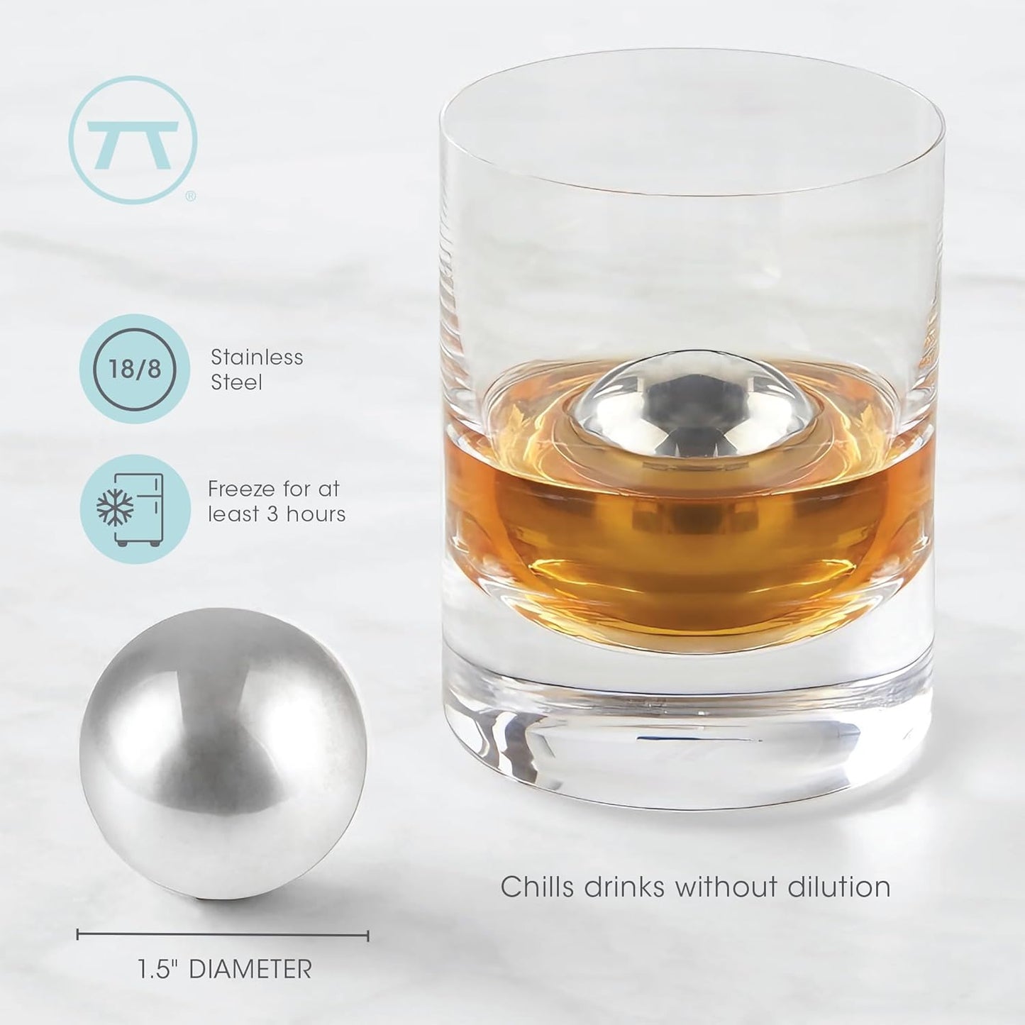 Outset Stainless Steel Ice Cube Spheres, Set of 2 Round Reusable Metal Whiskey Stones with Store Box, 1.57"