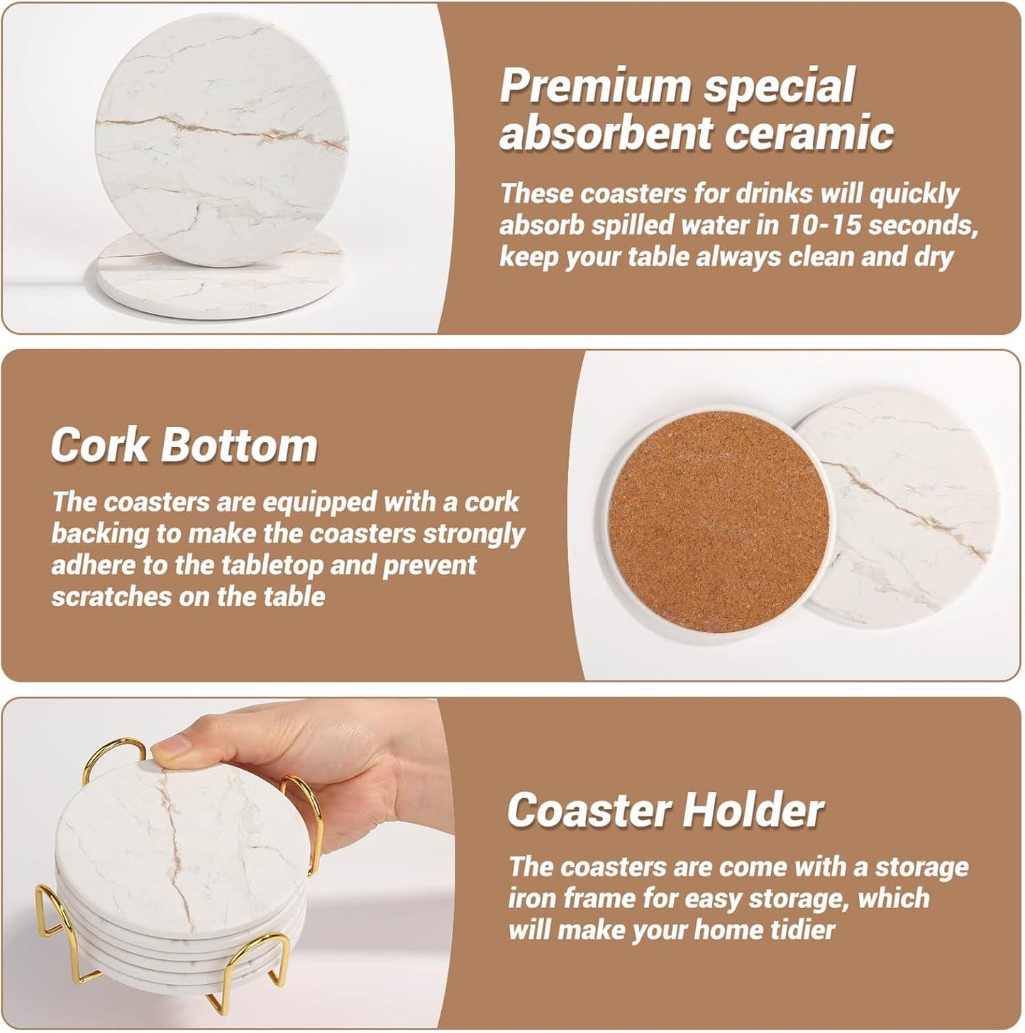 Acejoz Drink Coasters with Holder for Coffee Table, Absorbent Coasters Set of 6, Marble Style Ceramic Coaster for Wooden Table, Suitable for Kinds of Cups, Home Decor, 4 Inches(White)