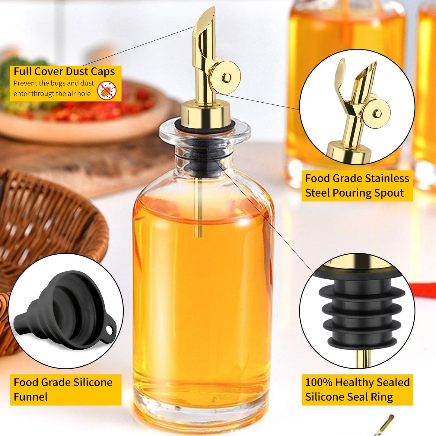 QPIX DIGITAL Weighted Stainless Steel Pourers, 4 Pcs Auto Flip Olive Oil Dispenser Spout, Alcohol Pourer Spouts, Liquor Bottle Pourers with Silicone Funnel, Gold Oil Dispenser for Kitchen