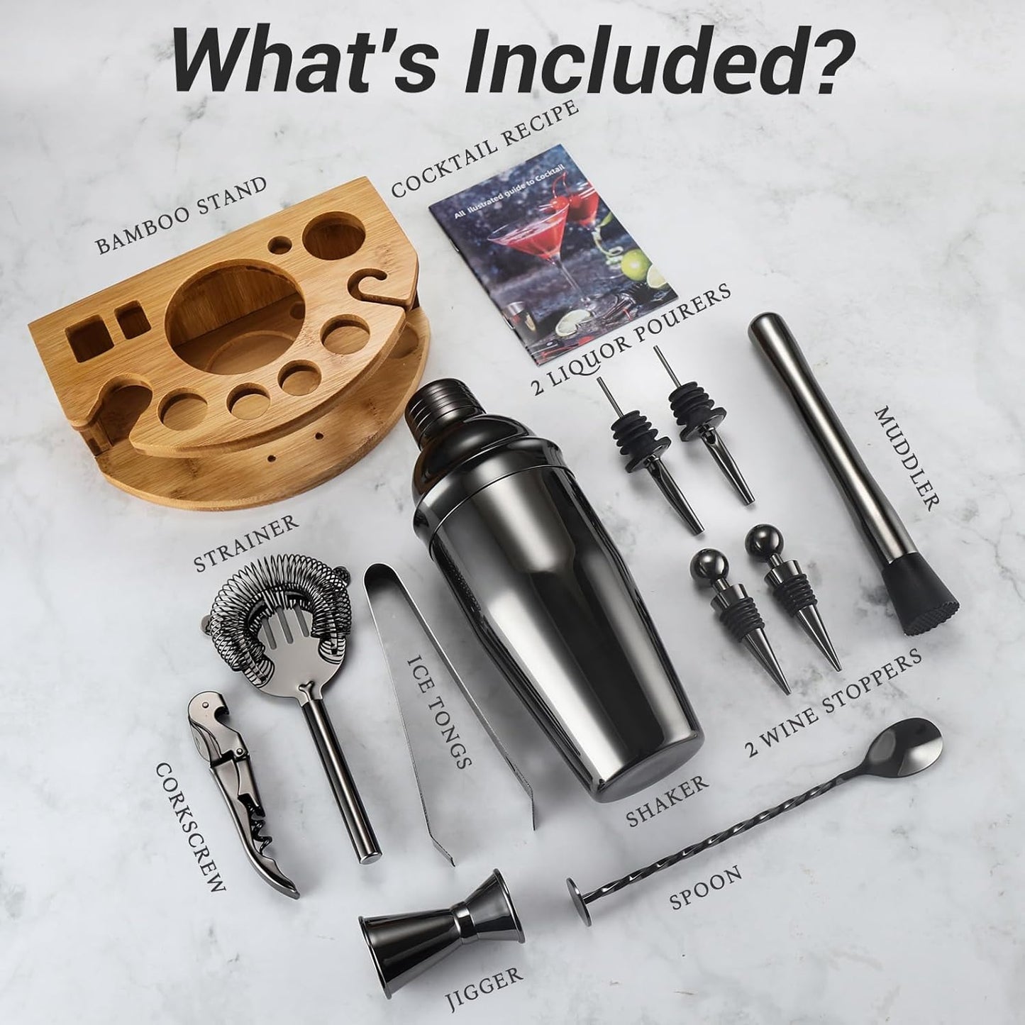 Cocktail Shaker Set Bartender Kit with Stand, 12 Piece Bar Set Drink Mixer Set with Stainless Steel Bar Accessories Tools: 25oz Martini Shaker Jigger Strainer Spoon Muddler for Cocktails (Black)
