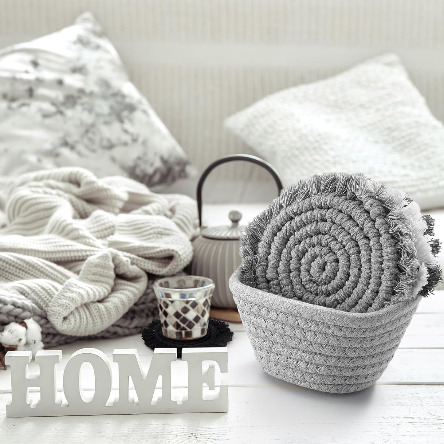 Coasters Set of 6 for Drinks Boho Absorbent Woven Cotton Coaster with Holder Farmhouse Tassel Macrame Cup Mat Housewarming Gift for Coffee Table Home Kitchen Office Decoration, 4 in(Gray)