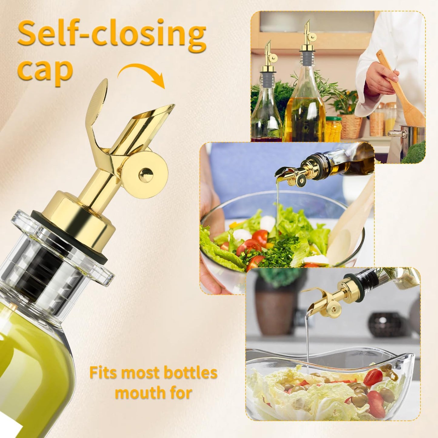 QPIX DIGITAL Weighted Stainless Steel Pourers, 4 Pcs Auto Flip Olive Oil Dispenser Spout, Alcohol Pourer Spouts, Liquor Bottle Pourers with Silicone Funnel, Gold Oil Dispenser for Kitchen