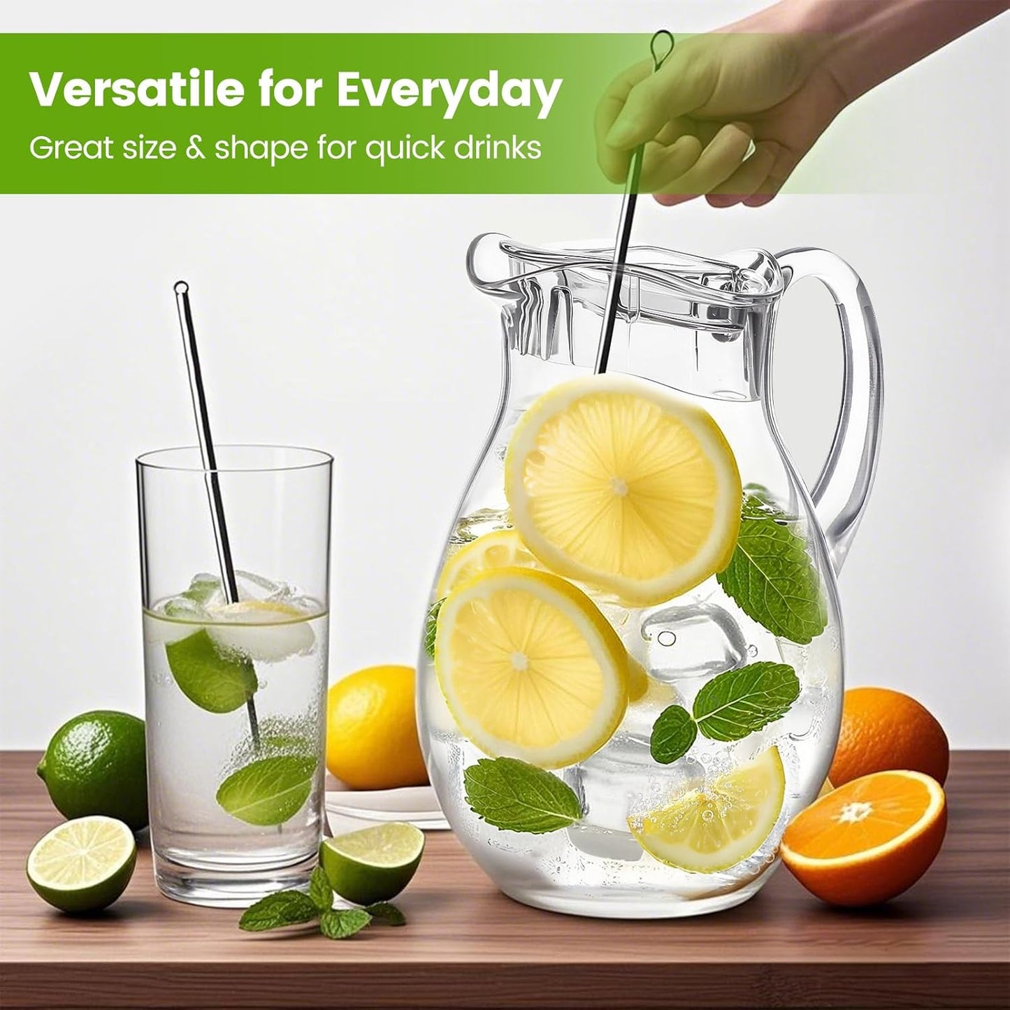 Middle Size Clear Plastic Pitcher with Lid (72 oz), Unbreakable Water Pitcher with Handle, Fridge Jug, BPA-Free, Shatter-Proof, Great for Iced Tea, Sangria, Lemonade, Juice, Milk, and More