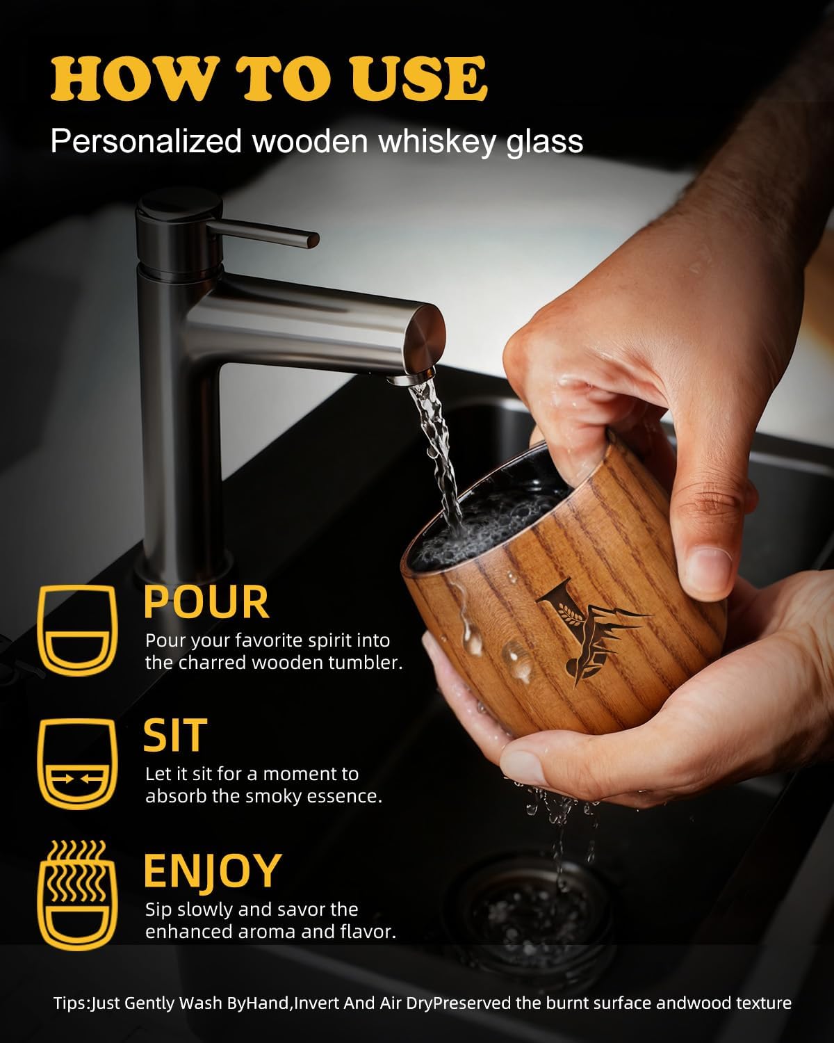 Charred Wooden Whiskey Glasses Personalized Bourbon Drinking Glass Ideas Gifts for Men Husband, Dad, Brother, Whiskey Lovers Birthday Insulated Old Fashioned Glass Whiskey Tumbler J
