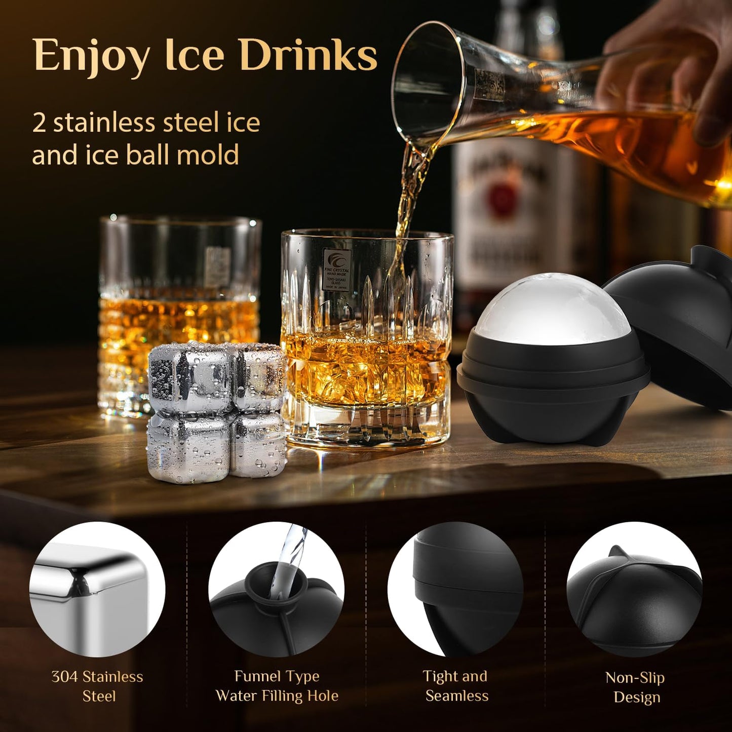 Electric Whiskey Smoker Kit, Torch-Free Rechargeable Cocktail Smoker with 7 Color Lights, Portable Drink Smoker with 10 Wood Chips, Ice Molds & Steel Cubes, Great Gift Idea for Whiskey Lovers