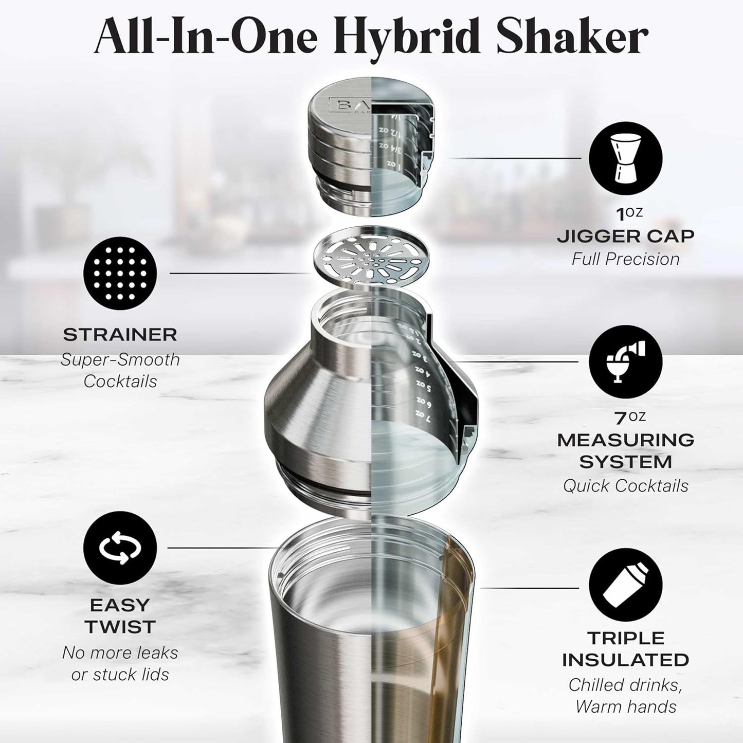BARE BARREL Insulated Cocktail Shaker Set | Double Wall Stainless Steel | Martini Shaker for Home Bar Bartending | Built-in Drink Measure System & Strainer, Travel Bag, Recipes | Gift Set (Silver)