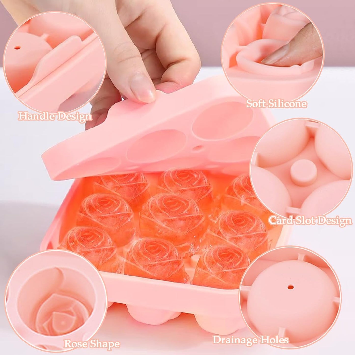 Ice Cube Mold with Lid, Silicone Rose Ice Cube Tray with Mini Tongs, Rose Ice Cube Trays for Freezer, Easy Release Ice Trays Maker, Make 9 Ice Ball Maker Mold Flower Ice Tray Mold for Cocktail