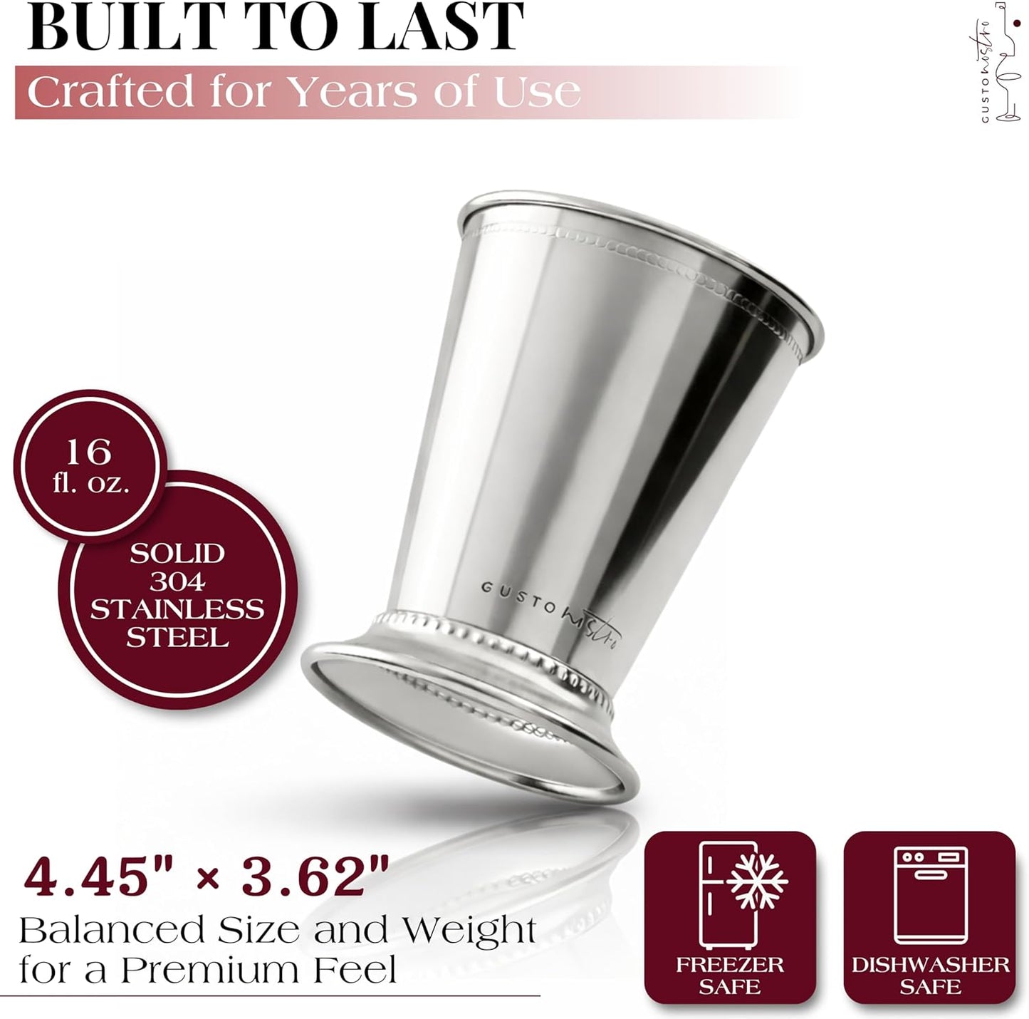 Gusto Nostro Mint Julep Cups Set of 2 - Stainless Steel Julep Cup Kit with Straws, Muddler, Spoon,Recipes, Vases - Southern-style Cocktail Glasses for Home Bar - Stainless Steel Cocktail Cups (Silver)