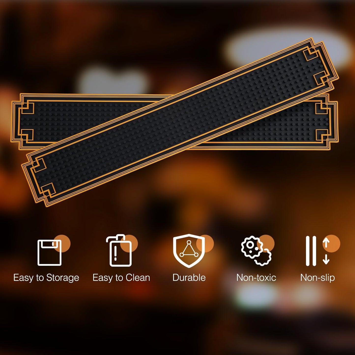 Drydiet 2 Pcs 24 x 4 Inch Bar Mat Non Slip Rubber Mat with Gold Border Durable Stylish Spill Cocktail Service Coffee Mats for Restaurants Barbershop Clippers Bartending, Black