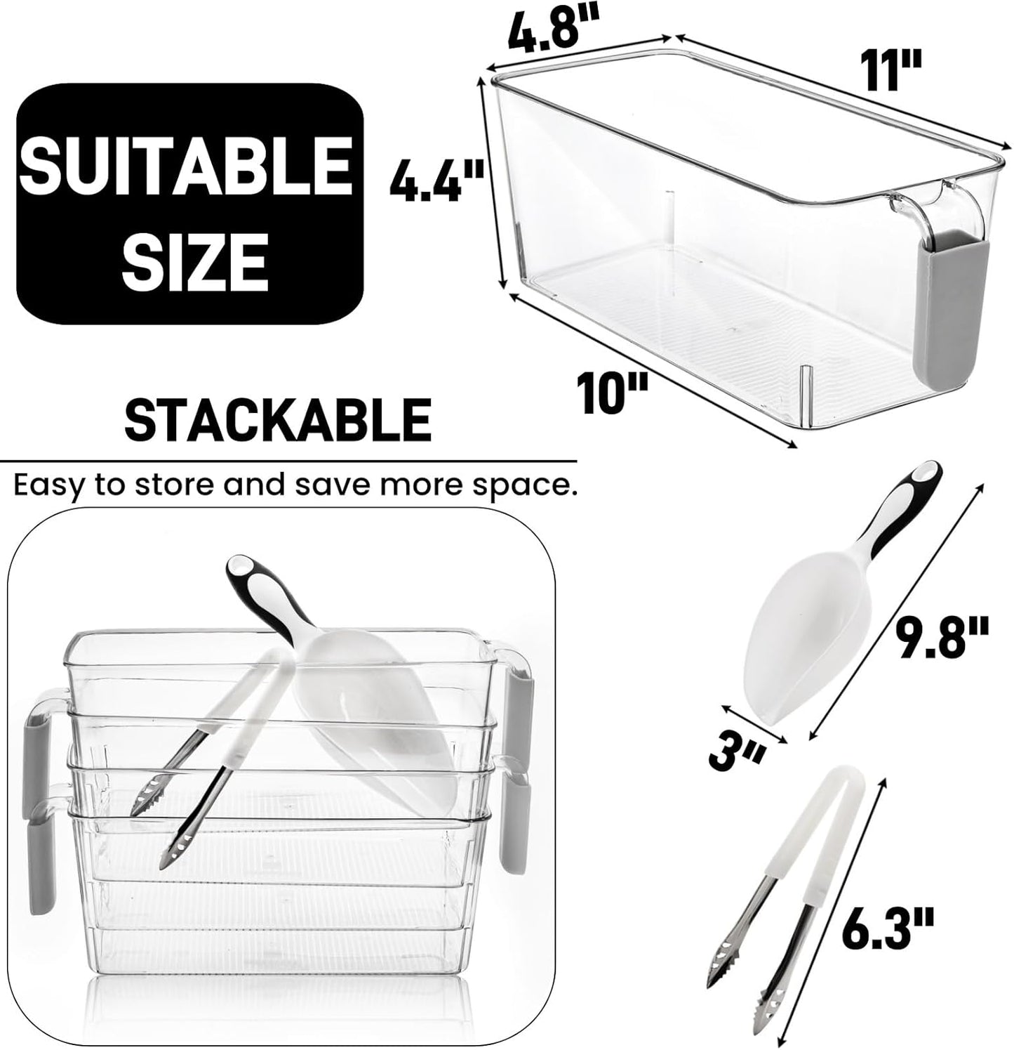 Pumtus 4 Pack Clear Ice Bins for Freezer, Plastic Ice Bucket with Flexible Scoop & Ice Tong, Pull Out Handle Ice Container, Kitchen Food Storage Organizer, Pantry Canister for Wine Beverage Fruit