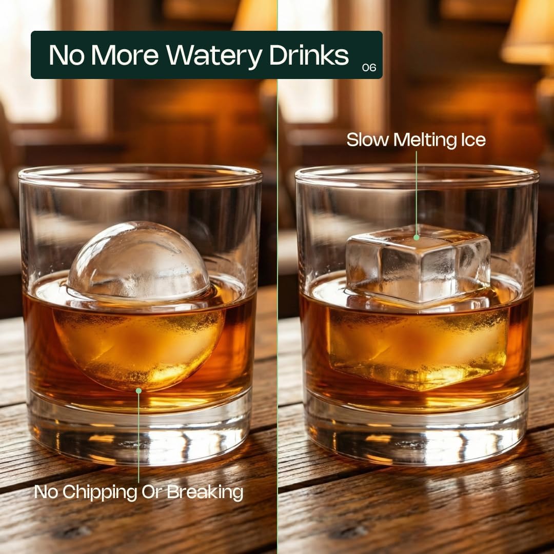 Large Ice Cube & Sphere Mold Set – 6 Whiskey Ice Cubes (2.2") + 6 Ice Spheres (2.4"), Silicone Ice Tray for Bourbon, Cocktails, Slow Melting, Easy Release, BPA-Free